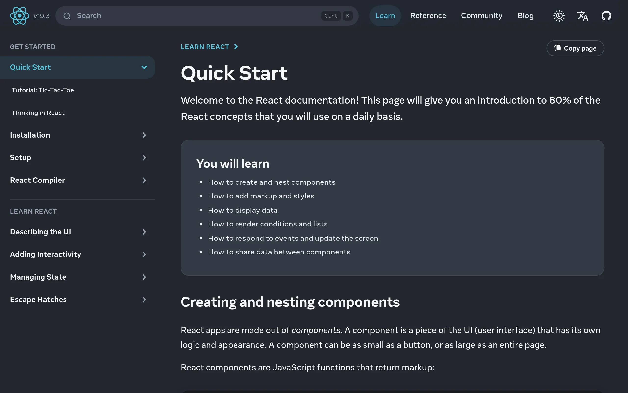 The same React documentation page captured with dark mode emulated