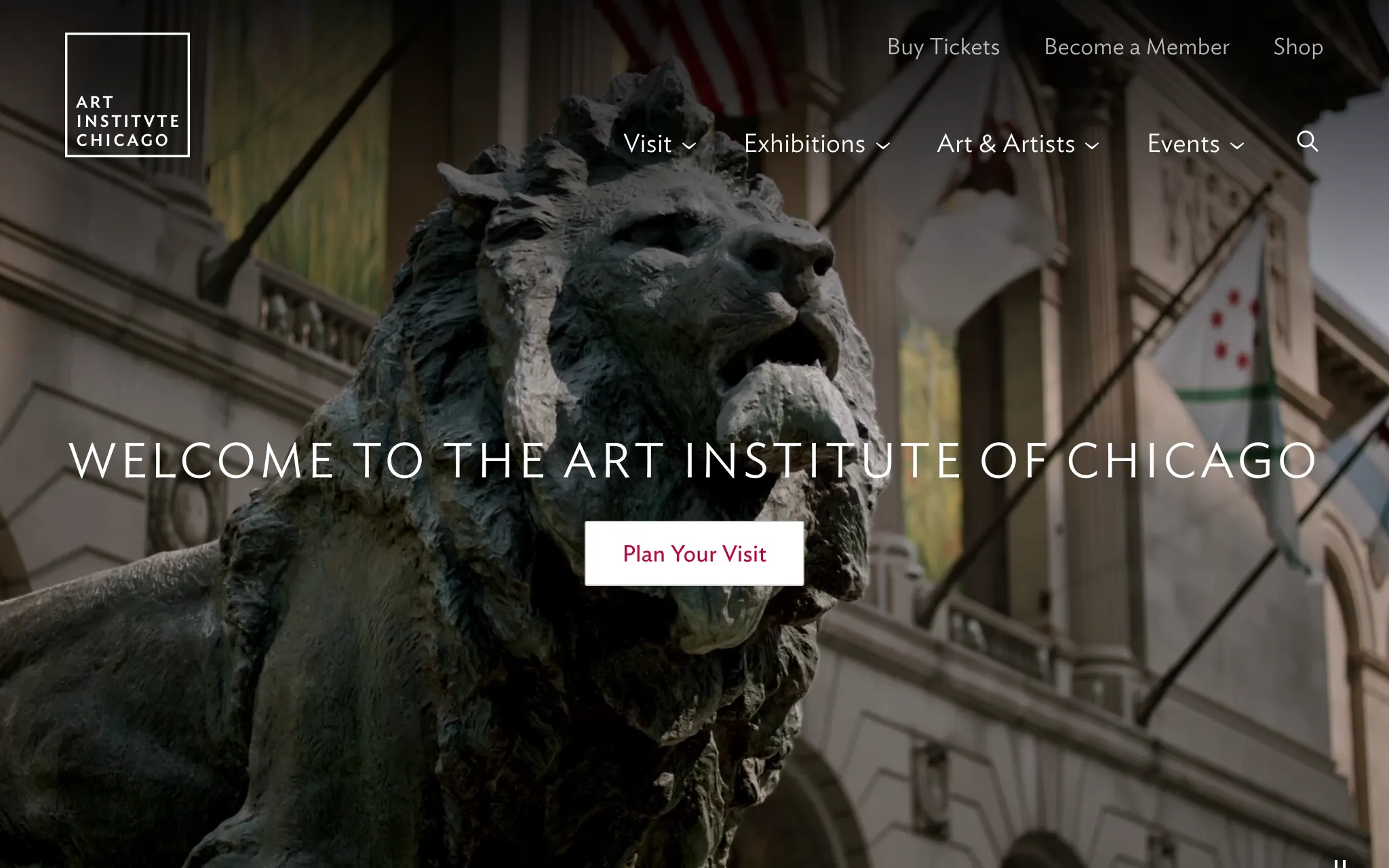 The Art Institute of Chicago home page, a full-width photograph of the bronze lion outside the museum, captured by the API at 1024 pixels wide