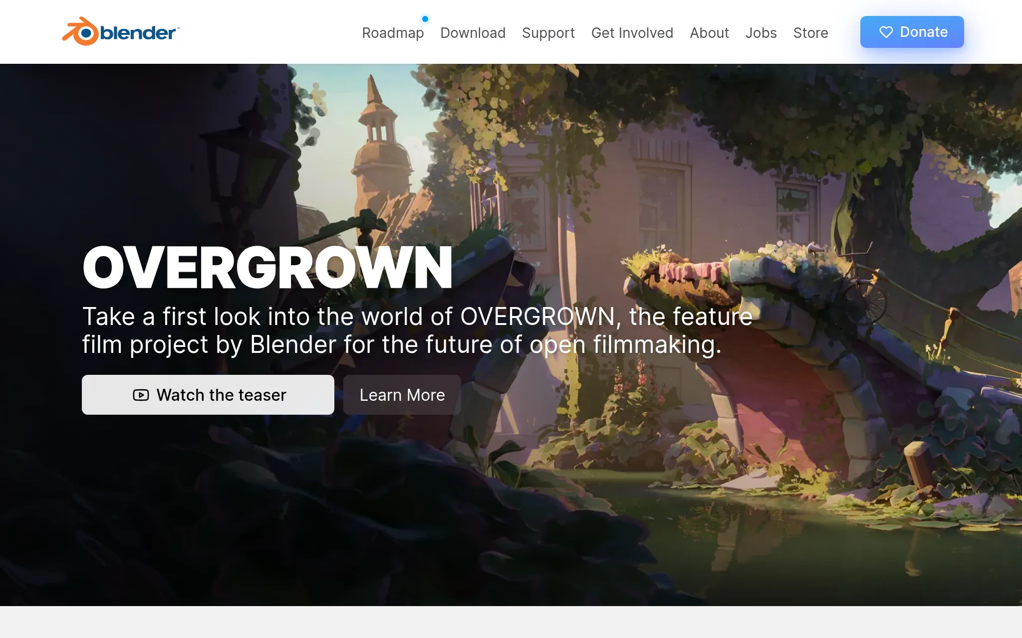 The Blender home page, showing painted concept art from its open film project, captured by the API at 1024 pixels wide