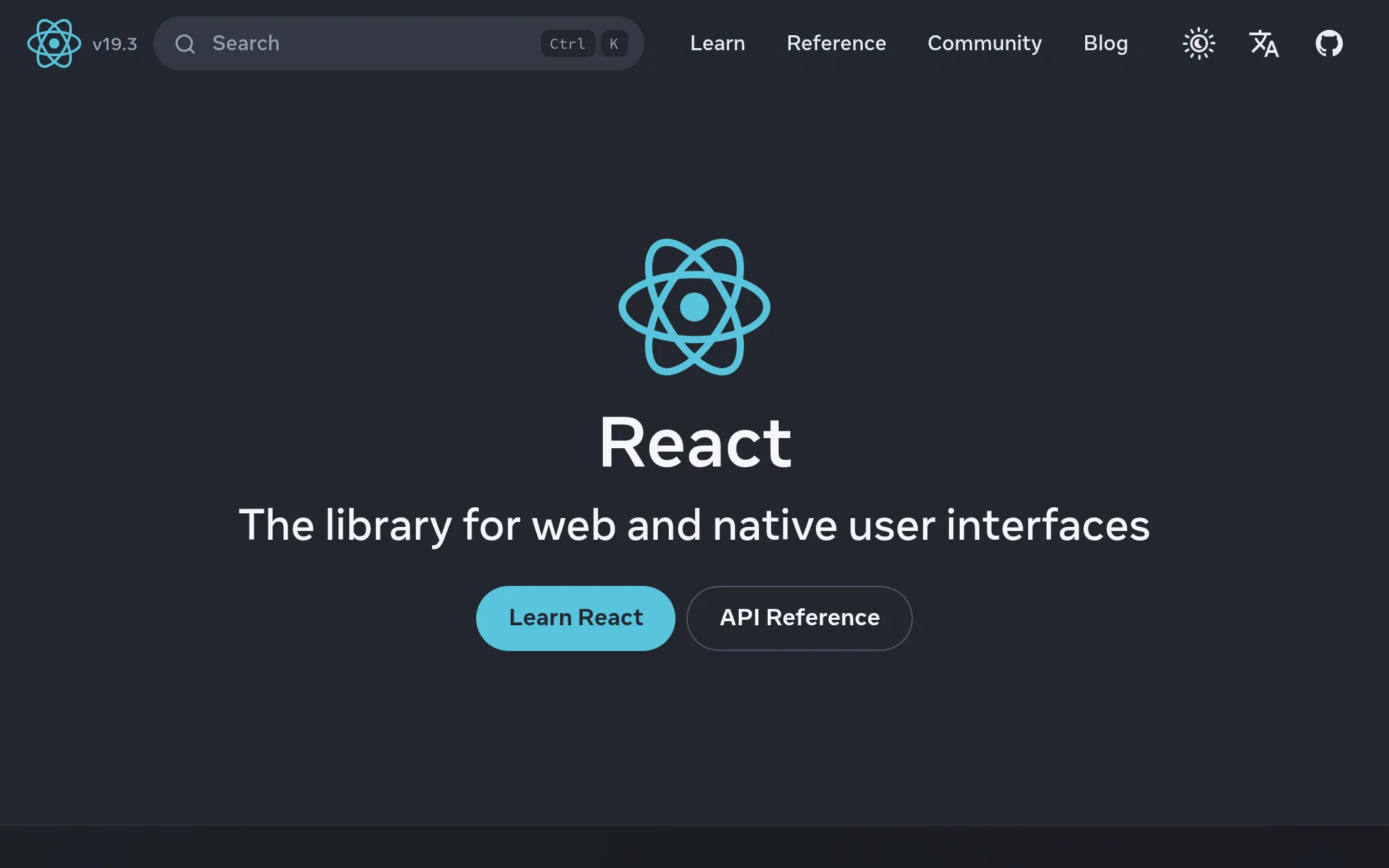 The React home page, captured by the API with dark mode emulated