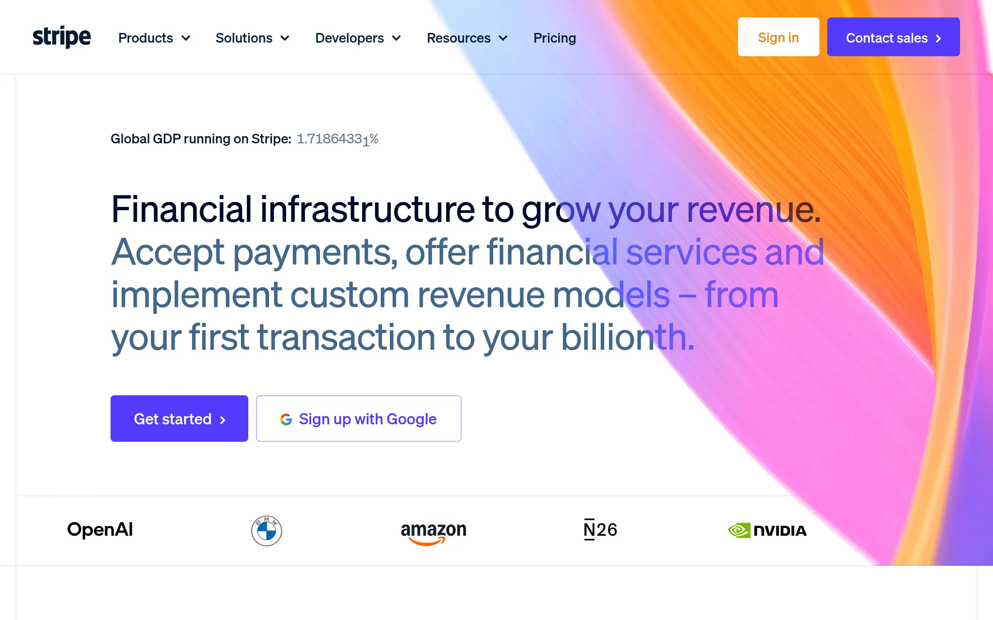 The Stripe home page and its colour gradient, captured by the API at 1024 pixels wide