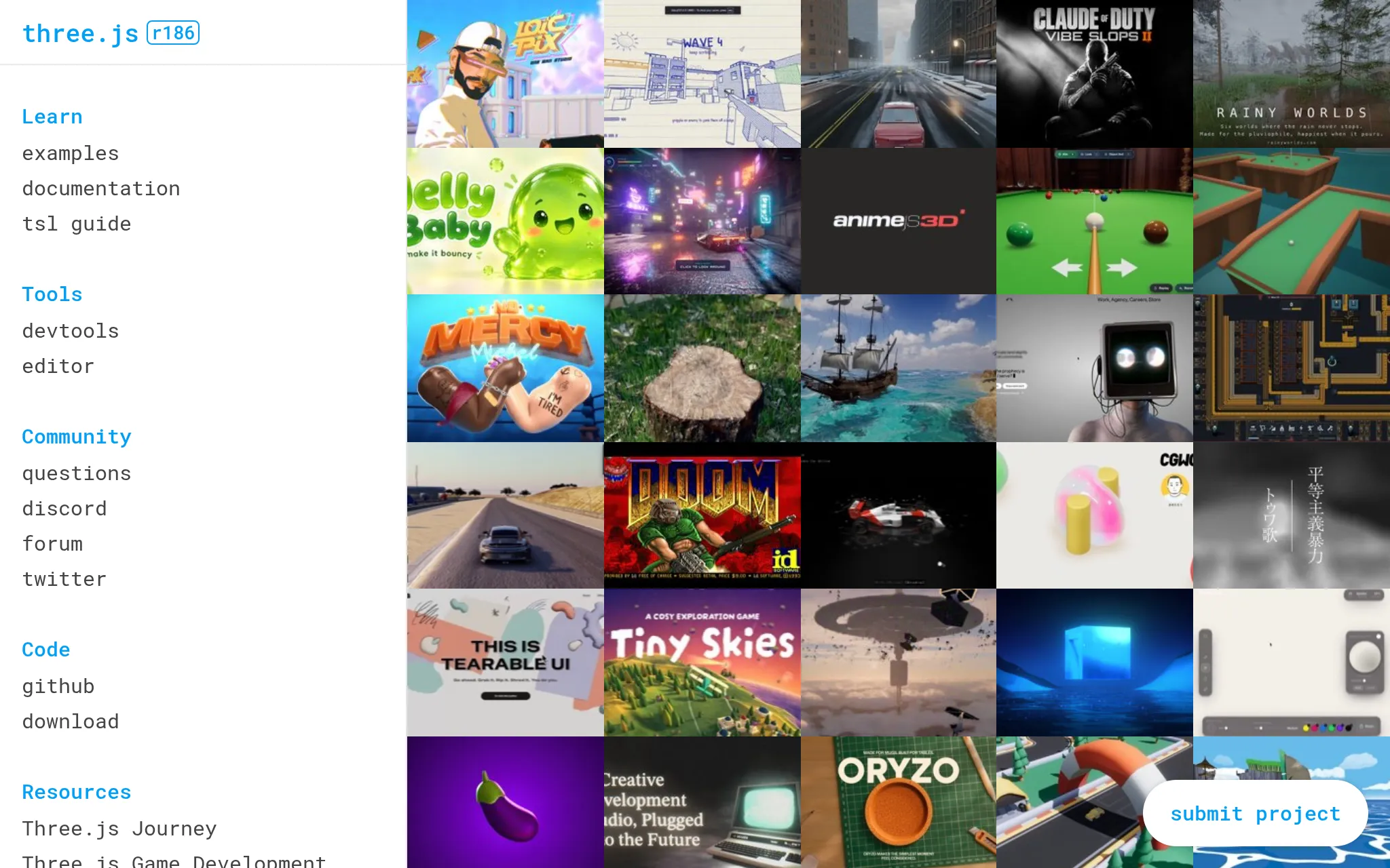 The three.js home page, a dense grid of 3D project thumbnails, captured by the API at 1024 pixels wide