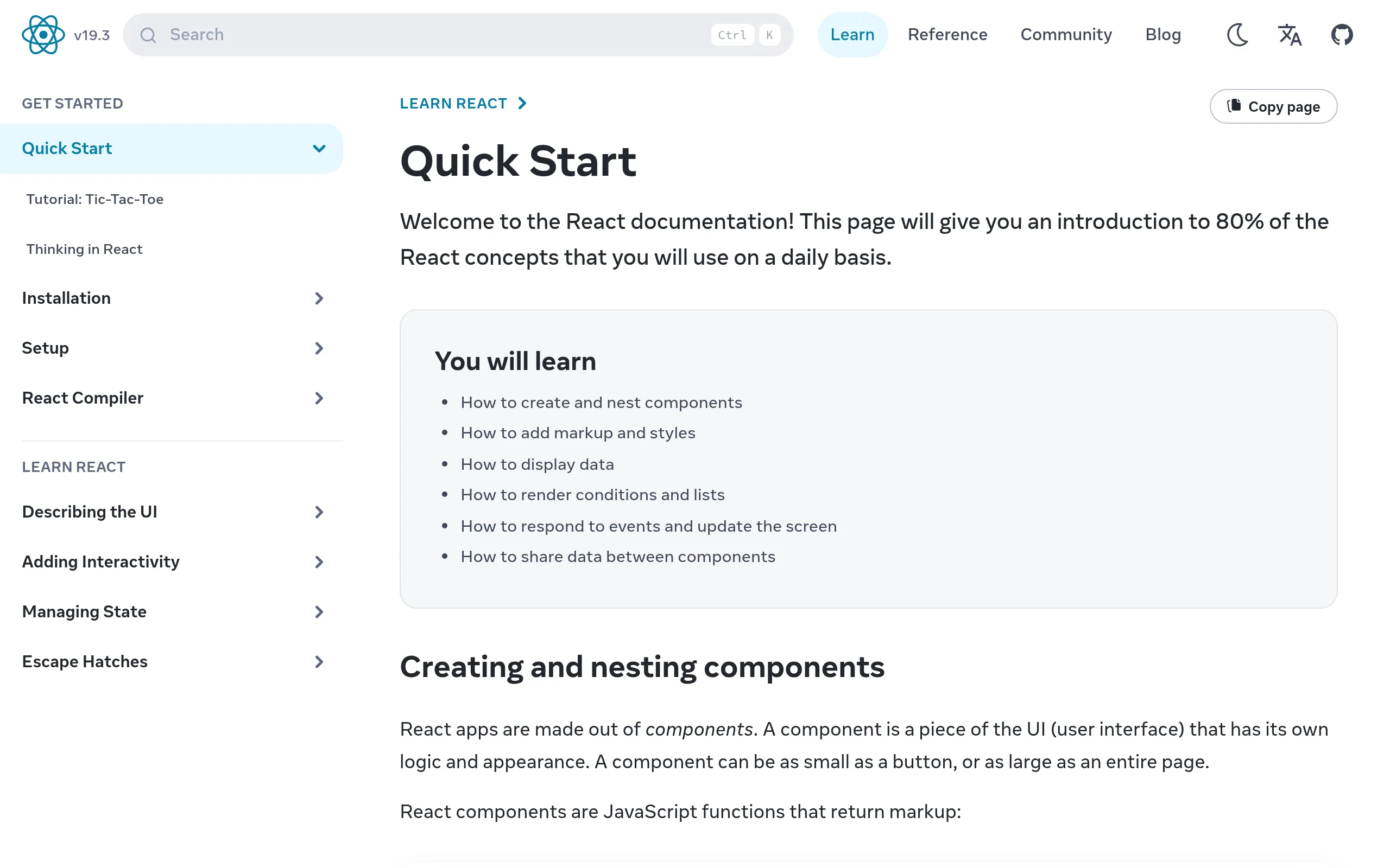 The React documentation captured with the default colour scheme