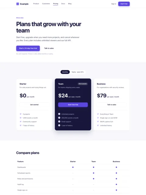 Tuesday: the pricing page with its three plans, HTTP 200.